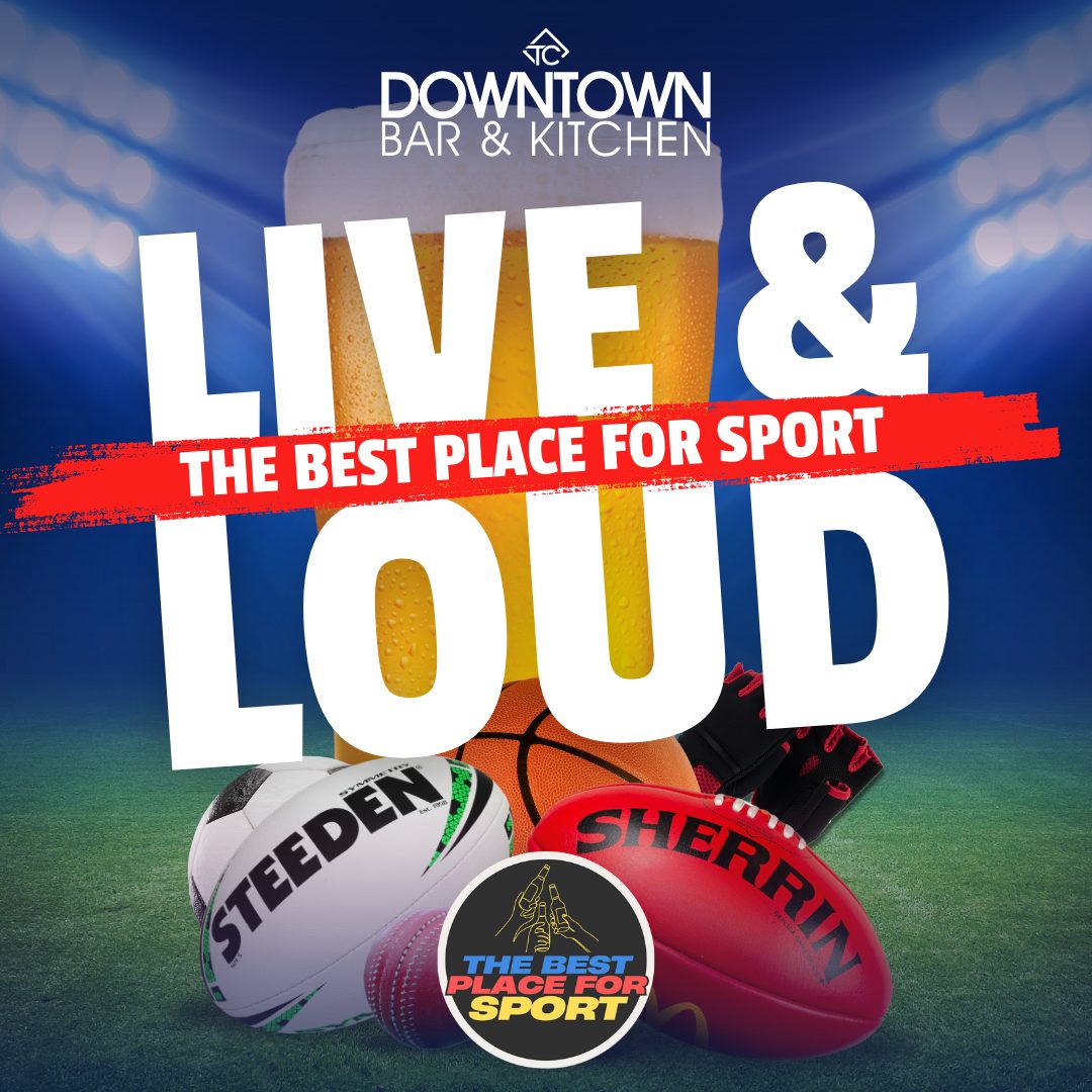 Cold schooner of beer surrounded by sports, promoting live and loud sports at Twin City Hotel